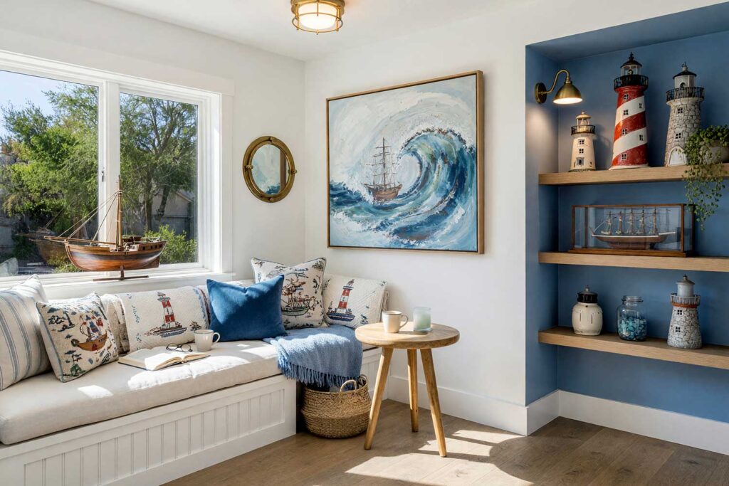 Coastal Nautical Nook with Cornflower Blue Accent Alcove-3, kitsch themed room paint coastal nautical nook soft linen white walls muted cornflower blue accent wall weathered oak flooring. Designed for an elegant home in a Scottsdale neighborhood, this peaceful reading alcove features a built-in window seat, a sweeping biomorphic wave painting, shiny semi-gloss trim, and a brass porthole mirror. The muted cornflower blue accent wall provides a calm coastal backdrop, enriched by natural oak textures, a brass bulkhead lamp, and nostalgic seaside accents like a half-hull model ship.