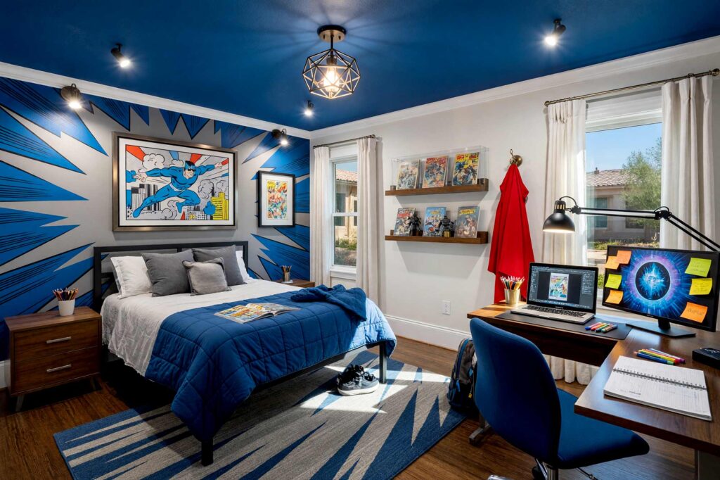Comic Book Hero Hideout Child’s Bedroom with Royal Blue Ceiling-4-FEATURE, kid’s bedroom paint colors comic book hero soft dune white royal blue smoke gray hickory floor. An aspirational comic book hero child's bedroom in a Scottsdale neighborhood featuring soft dune white walls, an artisan painted speed-line burst with dynamic radiating motion streaks in royal blue and smoke gray, and lustrous cloud white semi-gloss woodwork. The dynamic retreat pairs an unmade blackened steel bed with a functional homework station complete with a dual-screen computer setup, acrylic comic book displays, and a cape hook by the door. Natural hickory flooring and dramatic, high-contrast sunlight create an energetic haven built for academic focus and epic adventures. kids bedroom paint ideas, child's bedroom color palette, kids room paint colors, toddler bedroom paint colors, kids bedroom colors