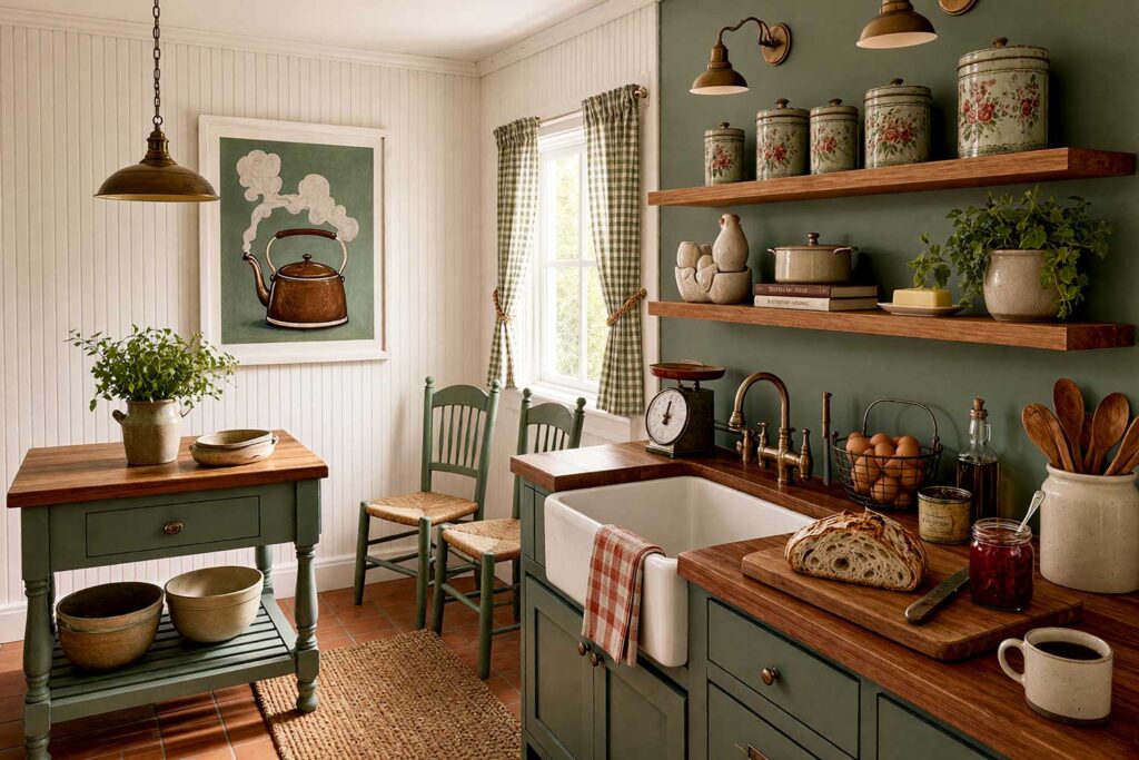 Cottage Kitsch Kitchenette with Warm Alabaster Walls and Muted Spruce Green Accents-6, kitsch themed room paint cottage kitchenette warm alabaster walls muted spruce green accent wall terracotta tile flooring. Set in an inviting Scottsdale neighborhood home, this charming cottage kitchenette showcases shiny warm alabaster trim, a cozy muted spruce green accent wall, and rustic terracotta tiles. Accented by open pine shelves holding vintage tin canisters, a tied-back gingham curtain, a simmering Dutch oven, and an apron-front sink, the space creates a heartwarming and lived-in culinary destination.