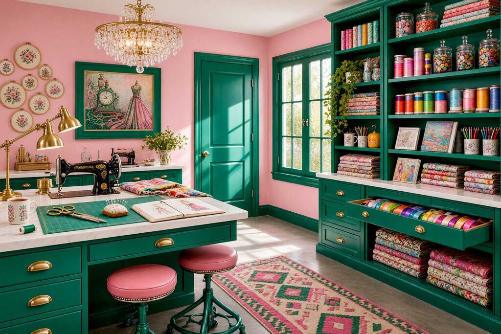 Craft Room with Cotton Candy Pink Walls and Emerald Green Cabinets-2, kitsch themed room paint storybook craft room cotton candy pink walls emerald green cabinets concrete flooring. Located in an imaginative Scottsdale neighborhood home, this whimsical craft space combines shiny semi-gloss emerald green cabinetry with cotton candy pink walls and gleaming concrete floors. Decorated with a vintage sewing machine, rainbow ribbon spools, framed embroidery hoops, and a brass pendant light, the room delivers jewel-box maximalism designed to inspire creative projects.