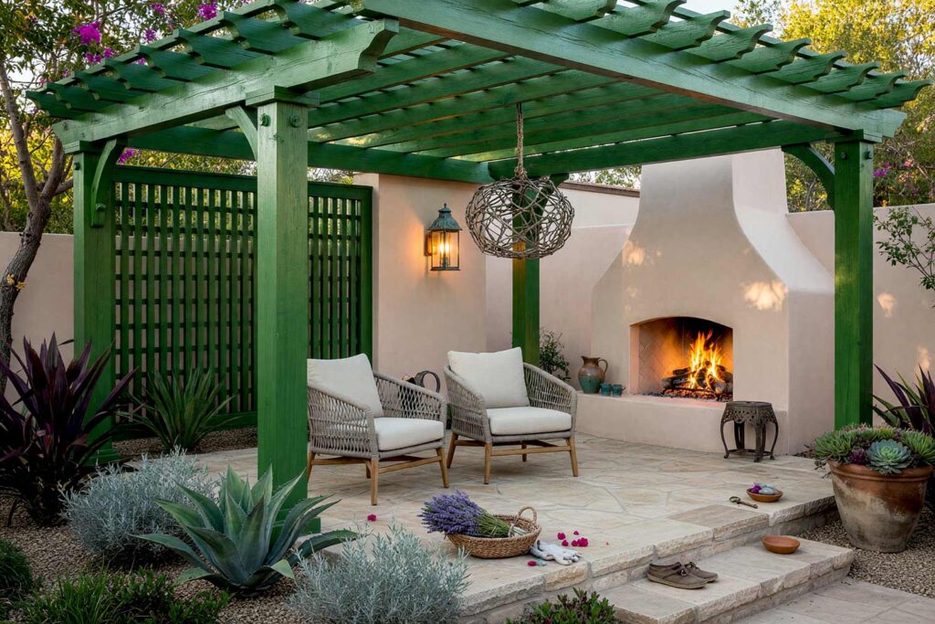 Desert Pergola with Eucalyptus Green Wood and Blush Stucco Wall and Copper Light-4, botanical desert pergola eucalyptus green timber pale blush stucco wall trellis pergola paint colors. Located at a custom Scottsdale property, this botanical retreat pairs semi-gloss eucalyptus green timbers and trellis work with a matte pale blush stucco wall. Natural flagstone, raw clay pottery, and woven rattan lounge chairs rest beneath dynamic golden-hour light and sharp architectural shadows. painting a cedar pergola, ramada paint colors, trellis paint colors, backyard shade structure colors, best paint for an outdoor pergola