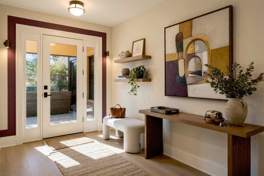 Entry with Warm Oat Walls and Deep Plum Shadow Graphic around Door-4, modern eclectic hallway warm oat walls deep plum painted wall graphics soft white ceiling white oak flooring. An inspiring hallway in a Scottsdale neighborhood highlighted by warm oat walls, a soft white ceiling, and a clever faux-shadow doorway painted wall graphic in deep plum. Furnished with a fluted ash console table, a woven wool runner over white oak planks, and an off-center cubist architectural painting. Brilliant directional light creates bold, moody shadows, showcasing the clever asymmetric doorway detail and elevated modern interior design. painted wall graphics, wall murals, painted murals