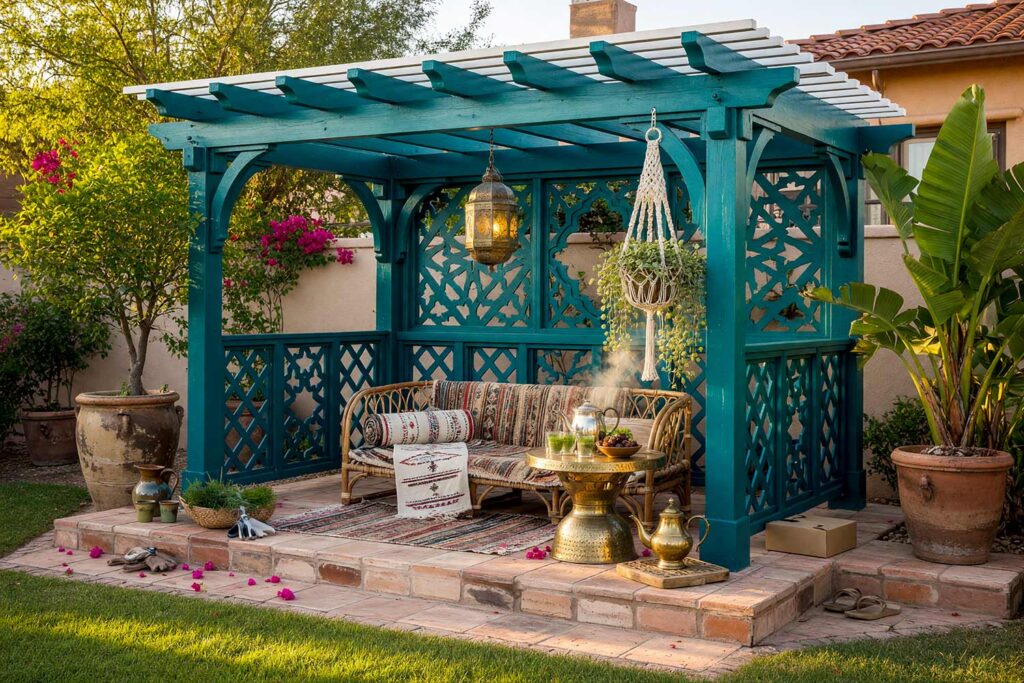 Exotic Moroccan Pergola with Peacock Teal Framing and Linen White Slats-3, moroccan bohemian pergola peacock teal timber linen white slats trellis pergola paint colors. Set within a custom Scottsdale courtyard, this Moroccan riad-style pergola pairs semi-gloss peacock teal timber posts with airy linen white slats and geometric screening. Terracotta tiles, layered Bohemian rugs, a rattan daybed, and glowing pierced brass lanterns thrive beneath intense golden-hour shadows. painting a cedar pergola, ramada paint colors, trellis paint colors, backyard shade structure colors, best paint for an outdoor pergola