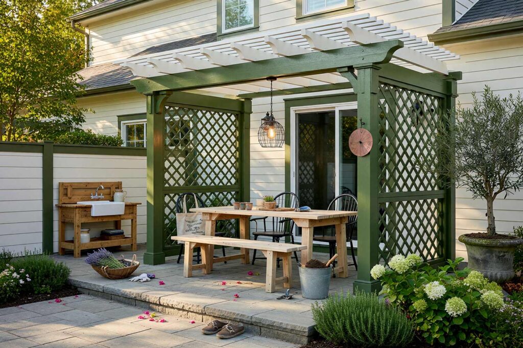 Farmhouse Pergola with Olive Green Framing and Oyster White Slats-4, modern farmhouse pergola olive green timber oyster white slats open trellis pergola paint colors. Situated in an upscale Scottsdale neighborhood, this pastoral pergola pairs semi-gloss olive green posts with oyster white roof slats and an open-work diamond trellis. Bluestone pavers, a reclaimed wood farm table, and a rustic potting bench with an apron-front sink shine under dynamic golden-hour shadows. painting a cedar pergola, ramada paint colors, trellis paint colors, backyard shade structure colors, best paint for an outdoor pergola