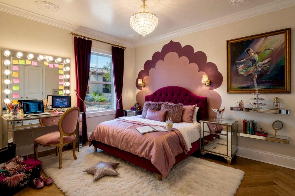 Glitz and Glam Child’s Bedroom with Deep Plum and Rose Scalloped Design-8, kid’s bedroom paint colors glitz and glam warm parchment deep plum dusty rose soft white herringbone floor. An aspirational Glitz & Glam child's bedroom in a Scottsdale neighborhood featuring warm parchment walls, a painted scalloped canopy panel in deep plum and dusty rose, and gleaming soft white semi-gloss woodwork. This starlet suite pairs an unmade tufted velvet bed with a functional mirrored vanity study desk featuring an active dual-screen computer setup, dressing-room marquee lights, and costume jewelry. Bleached herringbone flooring and dynamic high-contrast sunlight create an imaginative, glamorous space built for homework and creative play. kid's bedroom paint colors, kids room color scheme, children's bedroom colors, kids bedroom color ideas, children's room paint colors