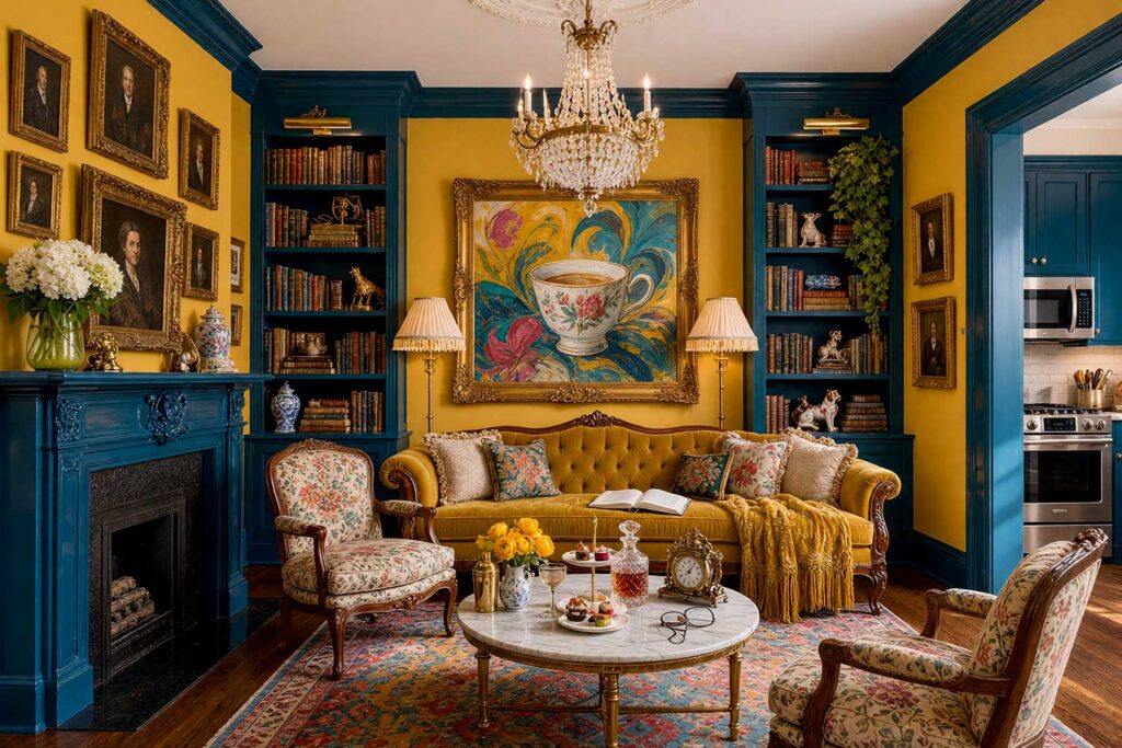 Grandmillennial Parlor with Mustard Yellow Walls and Deep Teal Built-Ins-3, kitsch themed room paint vintage parlor mustard yellow walls deep teal built ins soft white ceiling dark oak flooring. Situated in a stylish Scottsdale neighborhood, this dramatic maximalist parlor showcases shiny deep teal built-in bookcases packed with antique books, warm mustard yellow walls, a velvet fainting couch, and a cut-crystal chandelier. Shiny semi-gloss trim accentuates chintz textiles, an ornate gallery wall of portraits, and a rich floral abstract painting, creating an immersive grandmillennial setting for unforgettable entertaining.