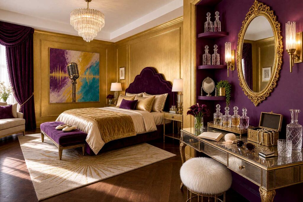 Hollywood Bedroom with Metallic Golden Ochre Walls and Plum Purple Vanity Nook, kitsch themed room paint old hollywood bedroom golden ochre walls plum purple vanity nook dark walnut flooring. Located in an elegant Scottsdale neighborhood, this dramatic Hollywood Regency guest suite features shiny golden ochre trim, a plum purple vanity alcove, and dark walnut floors. Outfitted with a velvet bed, a faux-fur vanity stool, an ornate oval mirror, crystal chandelier, and sparkling glass perfume trays, the space delivers theatrical main-character glamour designed to make every stay feel like a lavish retreat.