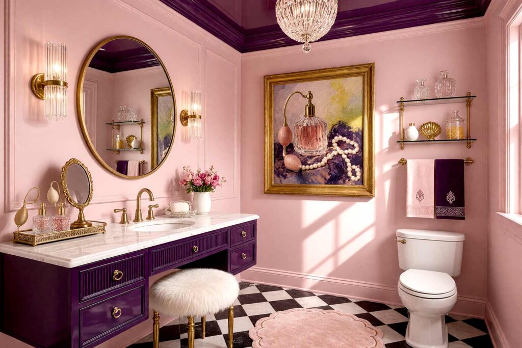 Hollywood Regency Powder Room with Blush Pink Walls and Shiny Aubergine Ceiling-2, hollywood regency powder room blush pink walls aubergine ceiling vanity high gloss interior paint checkered marble floors. A glamorous Hollywood Regency powder room retreat in an upscale Scottsdale neighborhood pairing luminous blush pink walls with a high-gloss aubergine ceiling and matching lacquered vanity. Finished with a faux-fur brass stool, crystal pendant illumination, mirrored vanity accessories, and polished checkered marble tile. Extreme dynamic lighting produces bold highlights and deep shadows across the shiny woodwork and ceiling, evoking vintage silver-screen luxury.
