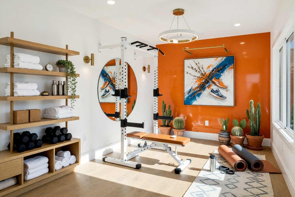 Home Gym with White Walls and Glossy Tangerine Accent Wall-1, desert oasis home gym crisp white walls tangerine accent wall ceiling high gloss interior paint light oak floors. An energizing Desert Oasis home gym in an upscale Scottsdale neighborhood combining crisp white walls and ceiling with a vibrant high gloss interior paint accent wall in tangerine. Equipped with a custom weight rack, open oak storage shelves, a large round mirror, potted desert cacti, and light oak athletic floors. Direct morning sunlight creates intense shadows and mirror-like reflections across the shiny surfaces, delivering an inspiring boutique fitness space.