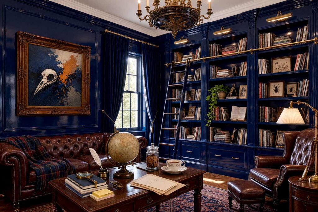 Home Library with Deep Navy Built-Ins and Bone White Ceiling-7, dark academia home library deep navy built-in bookshelves bone white ceiling high gloss interior paint walnut flooring. A scholarly Dark Academia home library retreat in a Scottsdale neighborhood featuring floor-to-ceiling deep navy built-ins paired with a bone white ceiling and shiny bone white moldings. Styled with an oxblood chesterfield sofa, an authentic brass rolling ladder, packed antique leather book collections, and herringbone walnut floors. Dramatic high-contrast illumination casts deep shadows and bright highlights, showcasing the reflective woodwork for a transcendent reading sanctuary.