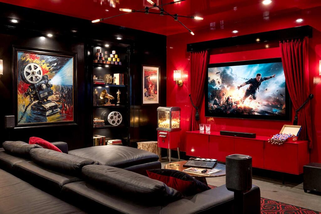 Home Theater with High-Gloss Ebony Walls and Crimson Red Ceiling-4, cinematic home theater ebony walls crimson red accent wall ceiling high gloss interior paint concrete floors. An immersive cinematic home theater in a Scottsdale neighborhood pairing light-absorbing ebony walls with a dramatic high gloss interior paint ceiling and accent wall in crimson red. Outfitted with tiered leather recliners, pulled-back velvet drapery, vintage movie posters, and polished concrete floors. High-contrast projector beams and sconce illumination cast deep shadows and specular highlights, capturing the true glamour of Hollywood opening night.
