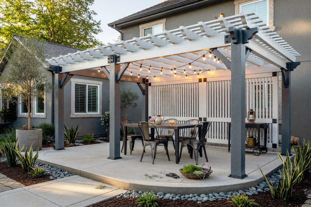 Industrial Tone-on-Tone Pergola with Storm Gray Posts and Pearl Gray Wood-4, urban industrial loft pergola storm gray posts pearl gray slats trellis pergola paint colors. Located at a custom Scottsdale residence, this architectural pergola features semi-gloss storm gray posts paired with pearl gray overhead slats and a matching trellis screen. Troweled concrete, steel dining furniture, and warm glowing Edison bulbs create an industrial loft escape under moody dusk lighting. pergola paint colors, painted pergola ideas, painting an outdoor pergola, painting backyard ramada, pergola color ideas, pergola color schemes, what color to paint a pergola