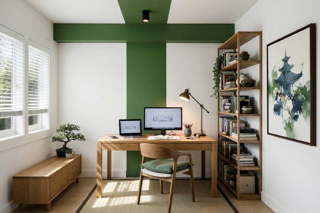 Japandi Home Office with Chalk White Walls and Moss Green Canopy Stripe-3, japandi home office chalk white walls moss green painted wall graphics chalk white ceiling hinoki cypress flooring. A productive Scottsdale neighborhood workspace wrapped in chalk white walls and an architectural moss green ceiling canopy painted wall graphic. Outfitted with an ash writing desk, dense built-in library shelving, a live-ink abstract painting, and pale cypress wood floors. Strong directional daylight produces dramatic shadows, delivering a balanced blend of Scandinavian utility and Japanese minimalism. graphic wall, wall graphic design, painted wall art, accent wall graphics