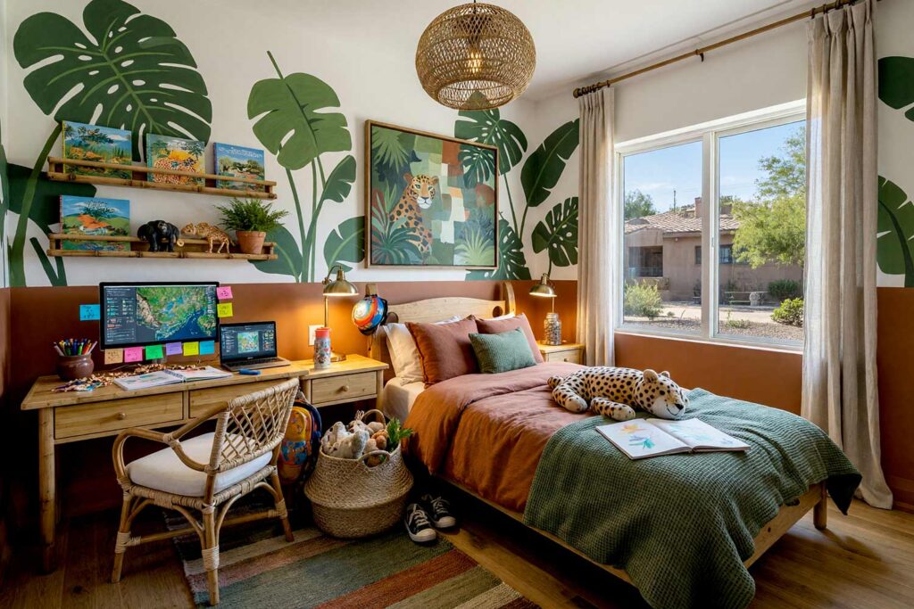 Jungle Canopy Hideaway Child’s Bedroom with Moss Green Leaves Mural-3, kid’s bedroom paint colors jungle canopy hideaway soft warm white moss green burnt sienna bamboo floor. An authentic jungle canopy child's bedroom in a Scottsdale neighborhood featuring soft warm white walls, an artisan painted upper mural band with oversized graphic silhouette leaves in moss green and burnt sienna, and lustrous soft white semi-gloss trim. The playful haven combines an unmade bamboo platform bed with plush animal toys, face-out picture book ledges, and an active homework desk complete with an illuminated dual-screen computer setup surrounded by real student clutter. Natural bamboo flooring and dramatic, high-contrast daylight evoke an adventurous treehouse hideaway built for learning and imaginative childhood play. kids bedroom paint ideas, child's bedroom color palette, kids room paint colors, toddler bedroom paint colors, kids bedroom colors