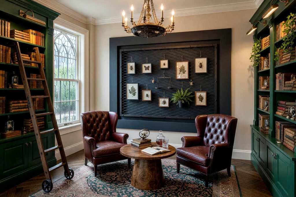 Library with Beige Walls and Blued Steel Mesh in Charcoal Frame-1, dark academia library limestone walls slate charcoal portal blued steel mesh hunter green bookshelves bone white baseboards parquet floors painting creative wall treatments. A scholarly vault in a Scottsdale neighborhood featuring tufted oxblood leather armchairs, a rolling ladder, floor-to-ceiling hunter green bookcases, and a slate charcoal accent portal framed with blued steel mesh. Dramatic afternoon light filters through leaded glass, casting rich shadows across the herringbone parquet and highlighting the shiny bone white trim. painted accent wall with metal, dimensional accent wall, architectural accent wall, painted mural wall with metal accents, unique accent wall ideas, textured painted walls