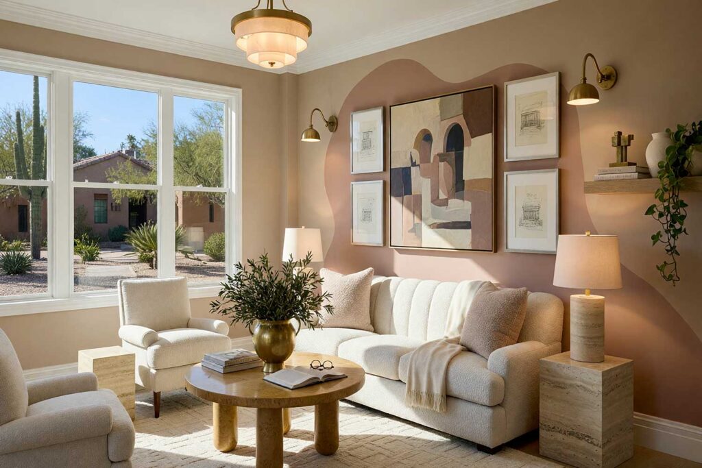 Living Room with Warm Taupe Walls and Dusty Rose-Terracotta Organic Art Backdrop-2, boutique hotel living room warm taupe walls dusty rose-terracotta painted wall graphics soft white ceiling white oak flooring. An inspiring living room in a Scottsdale neighborhood featuring warm taupe walls, a soft white ceiling, and an organic dusty rose-terracotta painted wall graphics art backdrop. Styled with a boucle sofa, tufted linen bench, black-and-white gallery wall, eucalyptus accents, and wide-plank white oak flooring. Strong directional sunlight creates deep, dynamic contrast, capturing the curated elegance of a luxury boutique hotel. graphic wall, wall graphic design, painted wall art, accent wall graphics