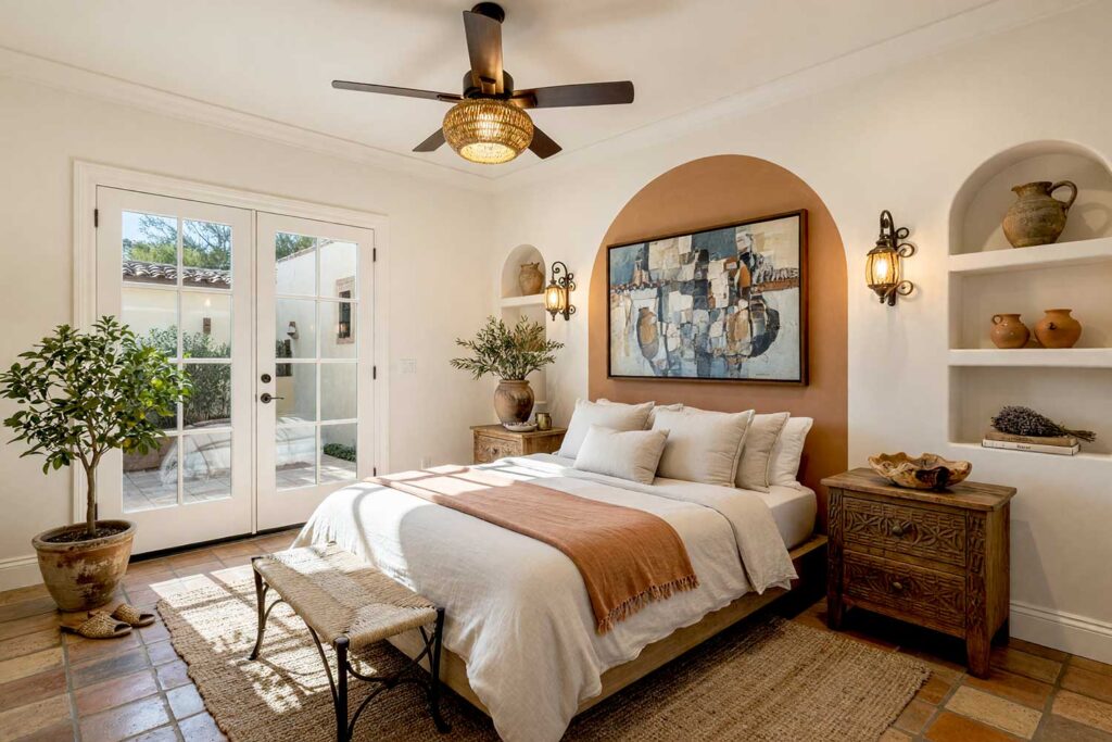 Mediterranean Bedroom with Ivory Linen Walls and Terracotta Arch-2, mediterranean bedroom ivory linen walls terracotta painted wall graphics soft white ceiling terracotta tile flooring. A sun-drenched retreat in a Scottsdale neighborhood featuring a faux arched headboard painted in warm terracotta behind a whitewashed oak platform bed with rumpled linen bedding. The space is detailed with wrought-iron sconces, a triptych cubist painting of Tuscan architecture, a woven jute rug over terracotta tiles, and rustic olive-wood accents. Intense sunlight creates dramatic contrast, evoking the relaxed warmth of a Mediterranean vacation. painted wall graphics, wall murals, painted murals