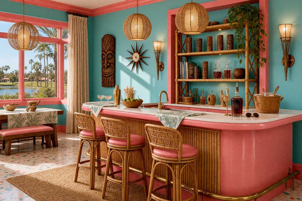 Mid-Century Tiki Lounge Bar with Turquoise Walls and Coral Pink Cabinet Bar-2, kitsch themed room paint tiki lounge bar turquoise walls coral pink bar cabinet terrazzo tile flooring. Situated in a luxury Scottsdale neighborhood home, this vibrant tiki bar features shiny coral pink trim, turquoise walls and ceiling, and cream terrazzo tile. Complete with woven rattan bar stools, a hand-carved tiki mask, ceramic tiki mugs, and festive hanging lanterns, this high-contrast lounge captures the spirited essence of mid-century kitsch escapism for effortless home entertaining.