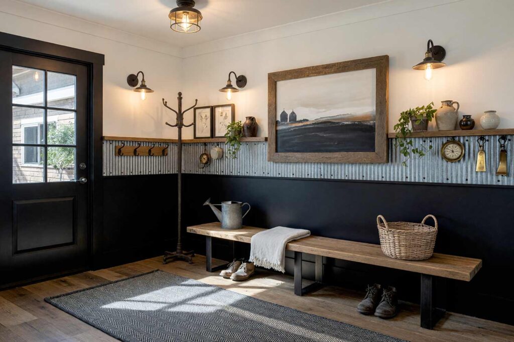 Modern Farmhouse Hallway White Walls with Black and Galvanized Steel Wainscot-4, modern farmhouse hallway alabaster white walls charcoal black wainscot low-rib galvanized steel onyx black baseboards barnwood floors painting creative wall treatments. A utilitarian mudroom corridor in a Scottsdale neighborhood featuring an oak plank bench, gooseneck barn sconces, reclaimed barnwood floors, and a 48-inch charcoal wainscot faced with corrugated galvanized steel and a wood ledger rail. Morning light rakes through glass panes, casting sharp linear shadows across the steel ribs and accentuating the shiny onyx black woodwork. painting creative wall treatments, creative wall treatments, mixed material wall treatments, dimensional painted walls, textured accent wall ideas, metal accent wall ideas