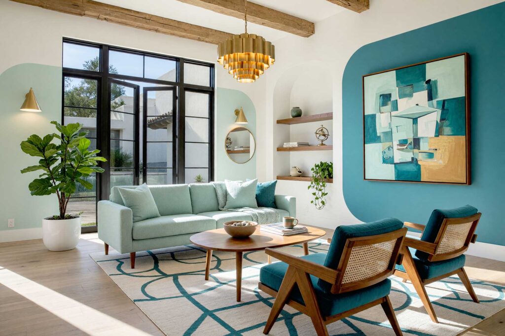 Modern Living Room with Walls Painted with Seafoam Mint and Teal Panels-6-FEATURE, mid-century modern living room seafoam mint walls teal painted wall graphics soft white ceiling teak flooring. An inspiring living room in a Scottsdale neighborhood featuring seafoam mint and teal painted wall graphics with convex rounded portal corners against a soft white ceiling. Furnished with a mint wool sectional, teak armchairs, brass pendant lighting, and warm teak wood floors. Direct sunlight casts dramatic shadows across the space, creating an elevated mid-century modern retreat. hand-painted wall designs, decorative wall painting