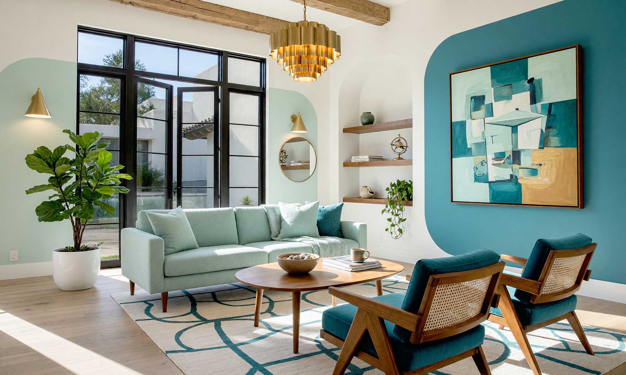 Modern Living Room with Walls Painted with Seafoam Mint and Teal Panels-6-FEATURE, mid-century modern living room seafoam mint walls teal painted wall graphics soft white ceiling teak flooring. An inspiring living room in a Scottsdale neighborhood featuring seafoam mint and teal painted wall graphics with convex rounded portal corners against a soft white ceiling. Furnished with a mint wool sectional, teak armchairs, brass pendant lighting, and warm teak wood floors. Direct sunlight casts dramatic shadows across the space, creating an elevated mid-century modern retreat. hand-painted wall designs, decorative wall painting