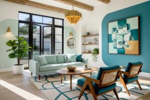 Modern Living Room with Walls Painted with Seafoam Mint and Teal Panels-6-FEATURE, mid-century modern living room seafoam mint walls teal painted wall graphics soft white ceiling teak flooring. An inspiring living room in a Scottsdale neighborhood featuring seafoam mint and teal painted wall graphics with convex rounded portal corners against a soft white ceiling. Furnished with a mint wool sectional, teak armchairs, brass pendant lighting, and warm teak wood floors. Direct sunlight casts dramatic shadows across the space, creating an elevated mid-century modern retreat. hand-painted wall designs, decorative wall painting