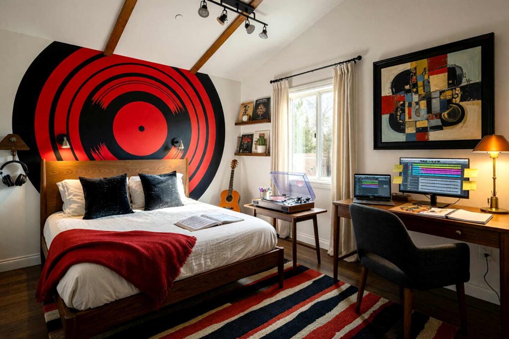 Music and Vinyl Theme Child’s Bedroom with Black and Red Record Design-1, kid’s bedroom paint colors music vinyl lounge warm biscuit onyx black cherry red walnut floor. An aspirational music and vinyl child's bedroom in a Scottsdale neighborhood featuring warm biscuit walls, a bold graphic painted vinyl-record mural in onyx black and cherry red, and lustrous soft white semi-gloss trim. The immersive sound lounge pairs an unmade walnut bed with an active homework desk featuring a dual-screen computer setup, a thick lacquered black picture frame, a turntable console, and wall-mounted album displays. Dark walnut floors and dynamic, high-contrast sunlight create an energetic haven built for academic focus and creative listening. kids bedroom paint ideas, child's bedroom color palette, kids room paint colors, toddler bedroom paint colors, kids bedroom colors