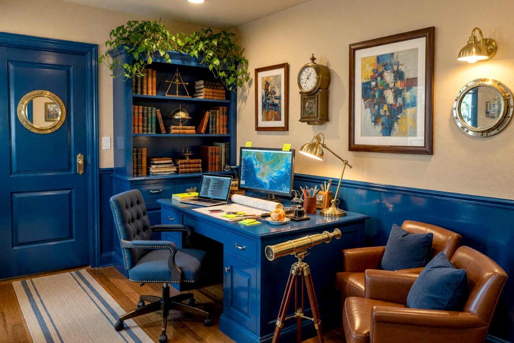 Nautical Home Office with Sand Walls and Cerulean Trim-3, nautical home office sand walls cerulean built-in desk shiny trim high gloss interior paint teak plank floors. A tailored nautical study in an upscale Scottsdale neighborhood pairing sand walls with an arresting cerulean built-in desk and matching moldings. Featuring a functional tech setup with dual glowing screens, a porthole mirror, authentic navigation instruments, and rich teak floors. Intense natural sunlight and illuminated brass fixtures create deep dramatic contrast and specular highlights on the high-gloss surfaces for an inspiring workspace.