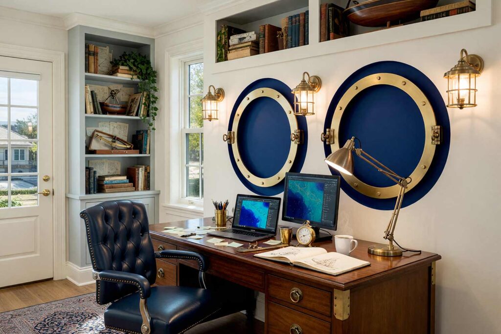 Nautical Home Office with White Walls and Ultramarine Portholes with Spun Brass Rings-2, oceanic nautical home office oyster white walls deep ultramarine portholes spun brass rings sea mist baseboards teak floors painting creative wall treatments. A maritime command study in a Scottsdale neighborhood featuring a mahogany campaign desk with a powered-on laptop and messy notes, dense built-in bookcases, a navy leather chair, and twin ultramarine portholes framed by spun brass rings. Midday sun pours across teak deck flooring, casting striking shadows that highlight the shiny sea mist trim and authentic nautical craftsmanship. painted accent wall with metal, dimensional accent wall, architectural accent wall, painted mural wall with metal accents, unique accent wall ideas, textured painted walls