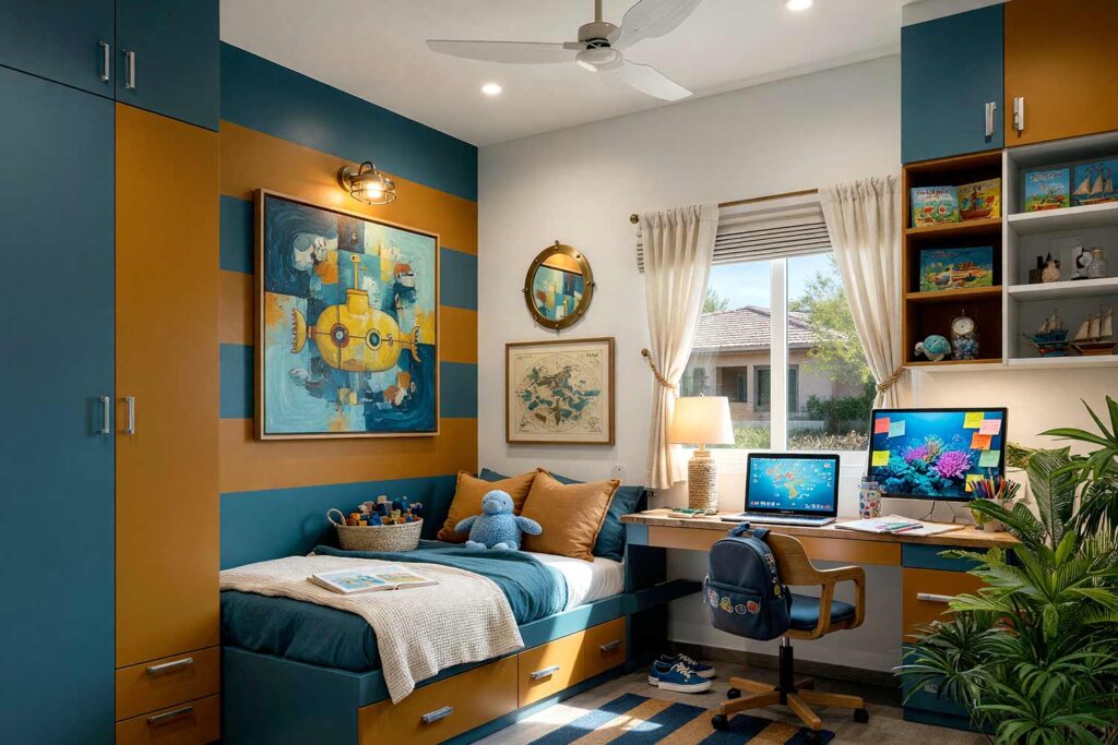 Oceanic Explorer Child’s Bedroom in Slate Teal and Dark Mustard-4, kid’s bedroom paint colors oceanic explorer cream slate teal dark mustard cloud white oak floor. An adventurous oceanic explorer child's bedroom in a Scottsdale neighborhood featuring warm cream walls, a striped accent panel in slate teal and dark mustard, and lustrous cloud white semi-gloss baseboards. The lived-in maritime room pairs an unmade teak bed with plush sea toys, a dual-screen homework station cluttered with drawing supplies, and kid-friendly outward-facing book displays. Weathered oak floors and dramatic, high-contrast sunlight evoke a cozy captain's cabin built for study, play, and dreaming of the sea. kid's bedroom paint colors, kids room color scheme, children's bedroom colors, kids bedroom color ideas, children's room paint colors