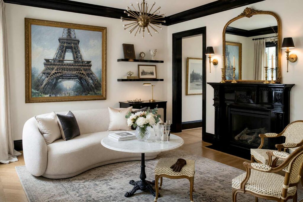 Parisian Salon with Alabaster Walls and Onyx Black Trim-1, parisian salon alabaster walls onyx black doors trim high gloss interior paint chevron french oak floors. A tailored Parisian salon in an upscale Scottsdale neighborhood pairing luminous alabaster walls and ceiling with gleaming onyx black doors, trim, and baseboards. Furnished with a cream bouclé sofa, a marble bistro table with cane chairs, an arched gilt mirror, and an Eiffel Tower-inspired painting. Powerful directional sunlight and illuminated sconces create dramatic contrast and high-gloss reflections for an authentic Rive Gauche ambiance.
