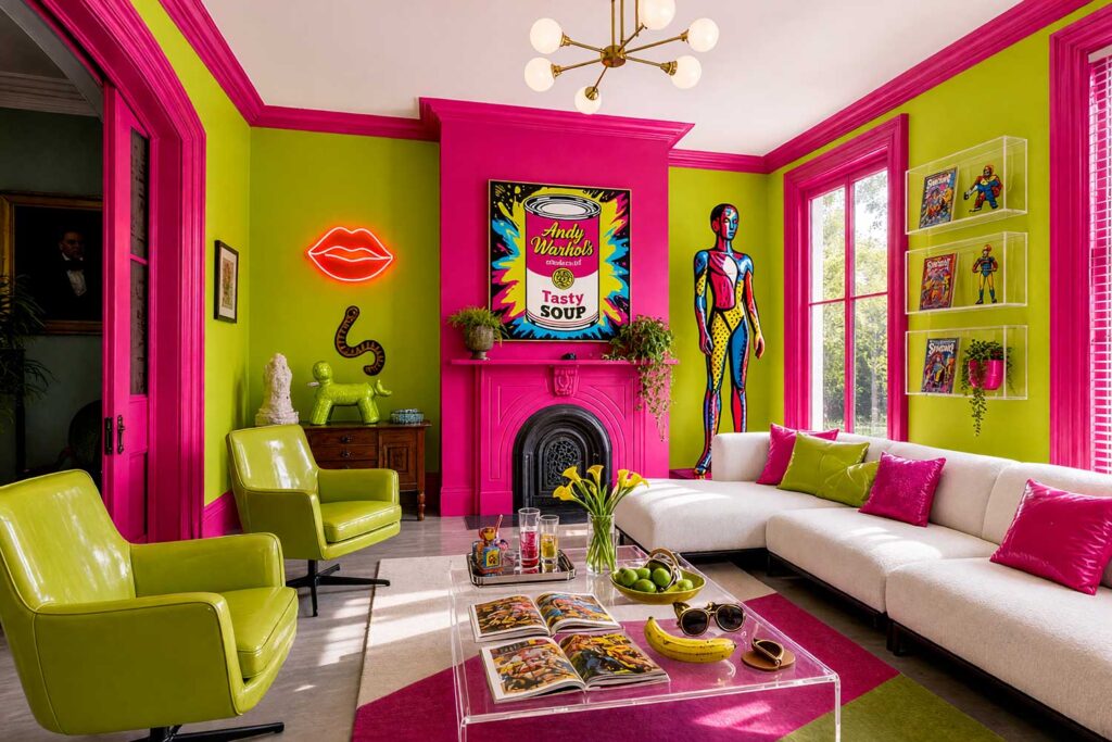 Pop Art Lounge with Chartreuse Walls and Hot Fuchsia Accent-6, kitsch themed room paint pop art lounge chartreuse walls hot fuchsia accent wall soft white ceiling concrete flooring. Located in a contemporary Scottsdale neighborhood home, this high-energy lounge features shiny semi-gloss hot fuchsia trim, brilliant chartreuse walls, polished concrete, and a white modular sofa. Decorated with vinyl bucket chairs, acrylic display cases holding action figures, a neon wall sign, and a bold diagonal soup-can painting, this gallery-inspired space delivers unapologetic pop art drama.
