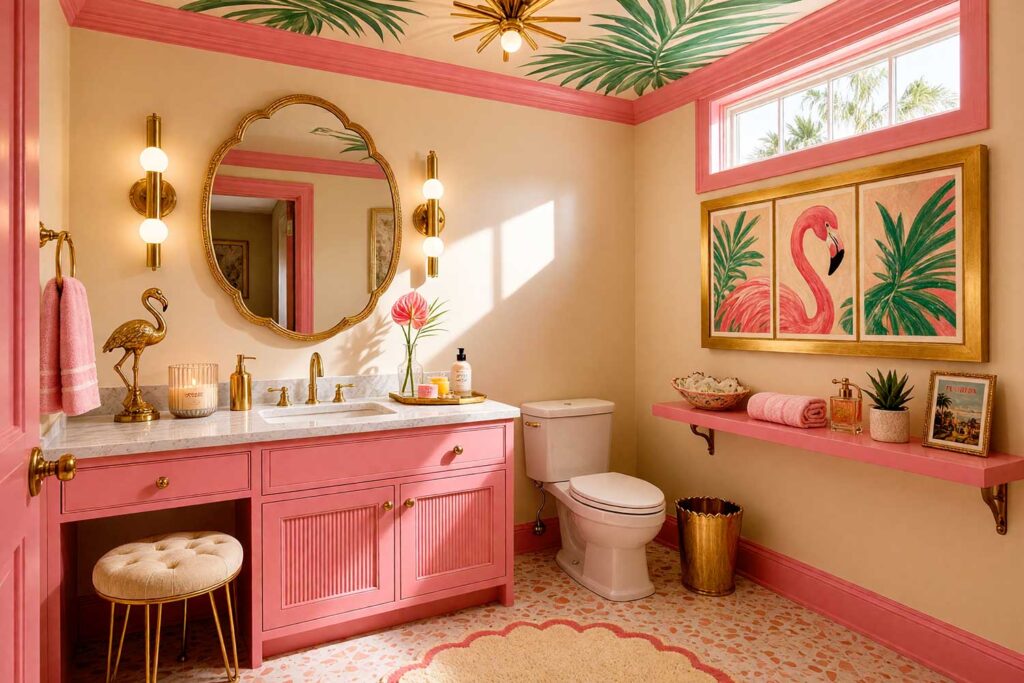 Powder Room with Flamingo Pink Vanity and Terrazzo Tile Flooring-8, kitsch themed room paint powder room buttercream walls flamingo pink vanity cabinet palm frond ceiling terrazzo tile flooring. Situated in an upscale Scottsdale neighborhood home, this whimsical guest powder room pairs soft buttercream walls with a dramatic flamingo pink vanity and a stenciled palm-frond ceiling. Featuring a scalloped mirror, gleaming semi-gloss woodwork, brass tube sconces, and a charming kitsch flamingo figurine, this theatrical space turns everyday functionality into an unforgettable design statement.