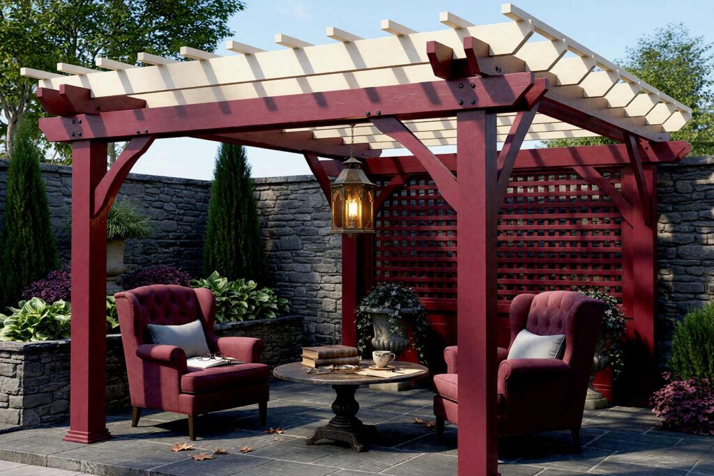 Reading Pavilion with Deep Burgundy Millwork and Parchment Rafters-3, dark academia pergola burgundy posts parchment slats trellis pergola paint colors. Situated in an exclusive Scottsdale neighborhood, this dramatic reading pavilion pairs glossy deep burgundy posts and trellis screens with parchment slats. A tufted leather armchair on dark flagstone creates a studious haven beneath sharp golden-hour shadows and glowing brass lantern light. pergola paint colors, painted pergola ideas, painting an outdoor pergola, painting backyard ramada, pergola color ideas, pergola color schemes, what color to paint a pergola