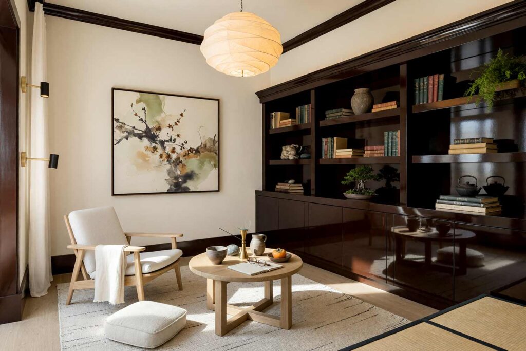 Reading Room with Warm Cream Walls and Glossy Espresso Brown Built-Ins-4, japandi reading room warm cream walls espresso brown built in shelving high gloss interior paint bleached ash floors. A serene Japandi reading sanctuary in an upscale Scottsdale neighborhood combining calm warm cream walls with a lacquered espresso brown built-in shelving wall and matching trim. Furnished with a low-slung oak lounge chair, paper pendant fixture, stoneware ceramics, and a bonsai accent over bleached ash flooring. Strong natural sun and layered artificial lighting cast deep shadows and bright reflections across the shiny surfaces for a grounded, meditative reading space.