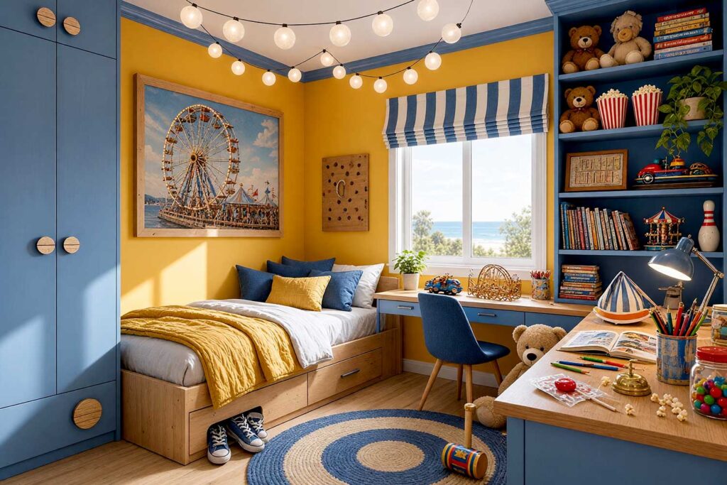 Retro Carnival Boardwalk Bedroom with Saffron Yellow Walls and Denim Blue Cabinets-1, kitsch themed room paint boardwalk bedroom saffron yellow walls denim blue cabinets blond hardwood flooring. Located in an imaginative Scottsdale neighborhood home, this whimsical retro bedroom pairs shiny semi-gloss denim blue built-in cabinetry with saffron yellow walls and blond hardwood floors. Styled with rumpled bedding, hanging globe carnival lights, framed vintage ticket stubs, an overflowing four-shelf bookcase, a striped-awning valance, and playful creative clutter on the desk, this space captures the authentic, nostalgic fun of a seaside carnival midway.
