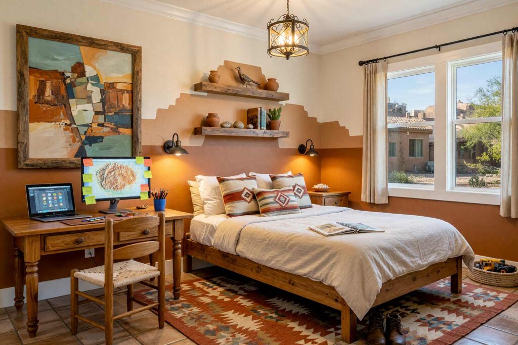 Southwestern Desert Dreamer Child’s Bedroom with Stepped Mesa Wall Mural-1, kid’s bedroom paint colors southwestern theme warm alabaster warm terracotta warm oat soft white tile floor. An authentic Southwestern child's bedroom in a Scottsdale neighborhood featuring warm alabaster walls, a custom stepped mesa accent panel in warm terracotta and warm oat, and gleaming soft white semi-gloss woodwork. The space unites a charming unmade pine bed with an active homework station complete with a dual-screen computer setup, scattered school supplies, and genuine clay pottery. Traditional Saltillo tile flooring and dramatic directional desert daylight create an inspiring haven built for homework and creative exploration. kid's bedroom paint colors, kids room color scheme, children's bedroom colors, kids bedroom color ideas, children's room paint colors