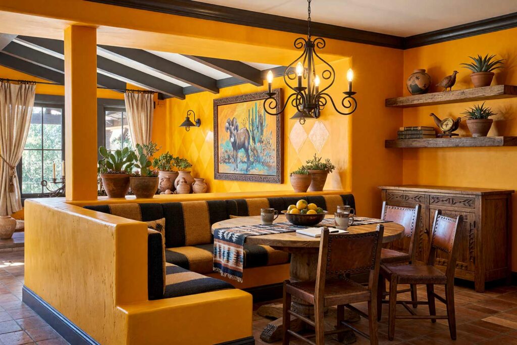 Southwestern Dining Nook with Marigold Walls in Diamond Clear-Coat Accent Pattern-2, southwestern hacienda dining nook marigold walls diamond clear coat accent charcoal trim high gloss interior paint saltillo tile floors. A sun-warmed Southwestern hacienda dining nook in an upscale Scottsdale neighborhood pairing vibrant marigold walls with a clear-coat gloss diamond accent wall and charcoal trim over Saltillo tile flooring. Styled with a mesquite dining set, leather chairs, a wrought-iron chandelier, terracotta pots, and an original desert-themed painting. Direct, high-contrast sunlight reveals the hidden diamond pattern and creates deep, dramatic shadows for an authentic desert escape.