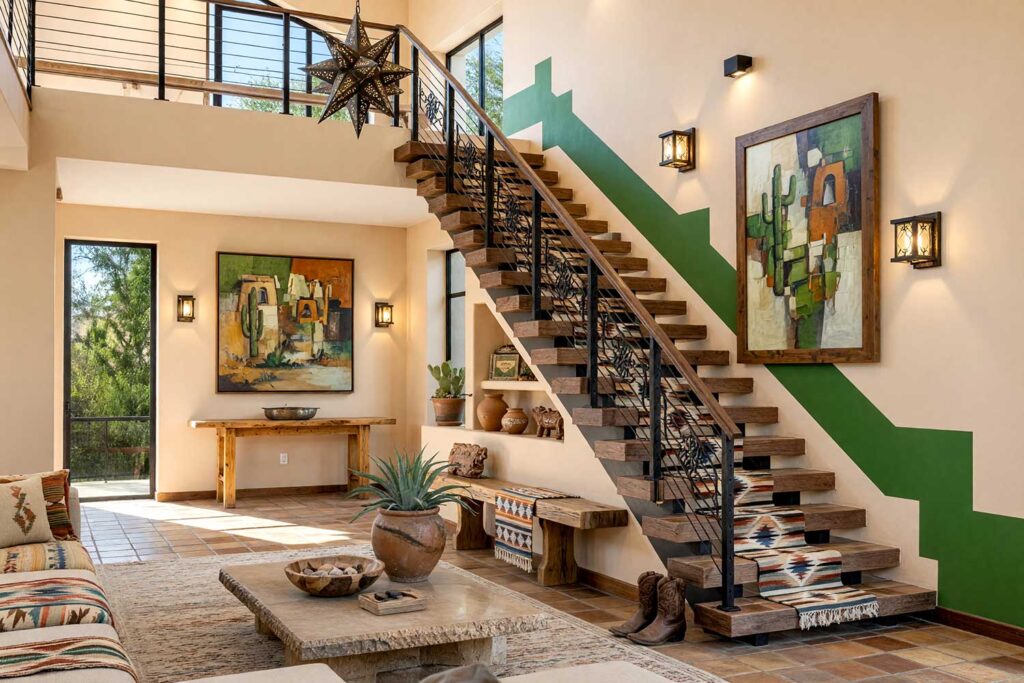 Southwestern Stairway with Sandstone Beige Walls and Forest Green Stair Runner-5, southwestern stairway sandstone beige walls forest green painted wall graphics soft white ceiling saltillo tile flooring. A sun-drenched stair hall in a Scottsdale neighborhood featuring sandstone beige walls, a soft white ceiling, and a stepped forest green staircase runner graphic. Detailed with Saltillo terracotta tile treads, wrought-iron lanterns, potted agaves, Navajo textiles, and a cubist desert painting. Bold natural sunlight casts dramatic shadows across the space, creating an authentic and captivating Southwestern hacienda feel. hand-painted wall designs, decorative wall painting