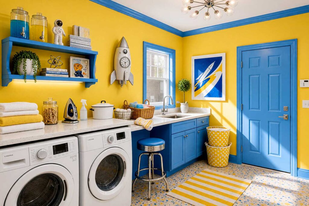 Space-Age Laundry Room with Banana Yellow Walls and Bubblegum Blue Cabinets-2, kitsch themed room paint space age laundry room banana yellow walls bubblegum blue cabinets terrazzo tile flooring. Situated in an upscale Scottsdale neighborhood home, this whimsical utility space pairs sunny banana yellow walls with shiny bubblegum blue cabinets and crisp white trim. Complete with a rocket-shaped wall clock, stacked polka-dot laundry hampers, a framed moon-mission poster, and chrome sputnik lighting, this vibrant retro-futuristic setting makes everyday chores feel exciting and aspirational.