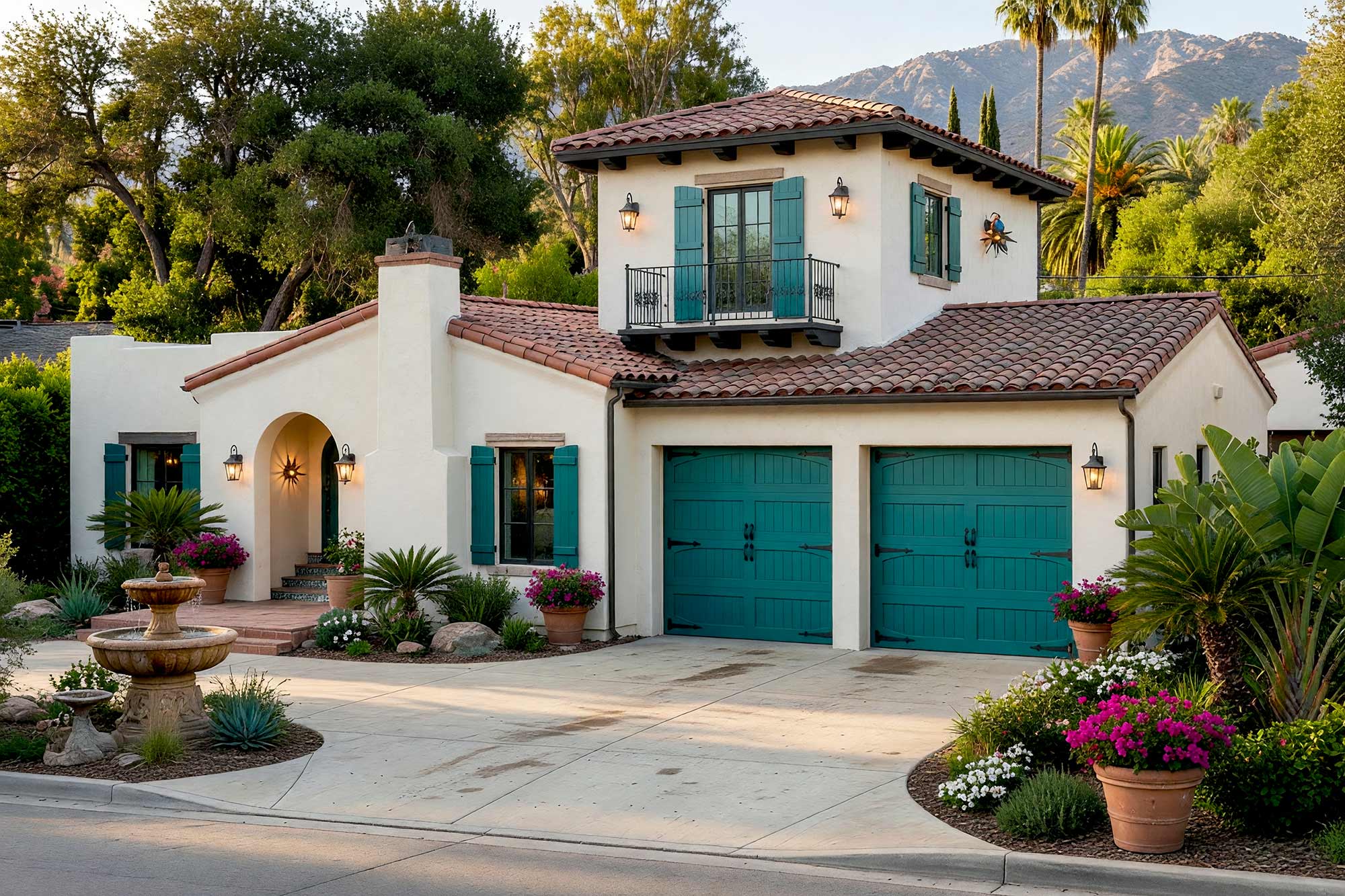 Spanish Colonial Revival Home with Oat Cream Stucco and Peacock Teal Accents FEATURE, spanish revival exterior paint colors on oat cream stucco with tar black trim and peacock teal front door with terracotta roof tiles. This custom estate in a Scottsdale neighborhood showcases pristine mineral-finished masonry, glossy painted trim, and elevated exterior painting curb appeal. Hand-glazed ceramic stair risers and an off-center Cantera stone fountain lead to an ornate arched portico lined with lush palms and flowering plumeria. Late afternoon directional sunlight sculpts deep shadows under the mottled red-brown barrel roof, creating an alluring resort ambiance. spanish revival exterior paint colors, spanish style house paint colors, santa barbara exterior colors, modern mediterranean house paint, spanish colonial revival exterior colors