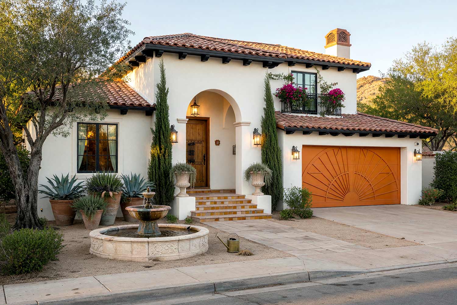 Spanish Revival House with White Stucco and Persimmon Sunburst Garage Door-4, spanish revival exterior paint colors shell white stucco chimney black trim persimmon garage door concrete driveway front facade. A custom estate in a Scottsdale neighborhood featuring freshly painted stucco, glossy hand-finished trim, and elevated exterior painting curb appeal. Hand-painted persimmon and pale sand tile risers lead up to the grand arched entryway, echoed by an iconic Art Deco sunburst two-car garage. A carved Cantera stone fountain bubbles softly alongside mature olive trees and oversized pottery, while dynamic golden hour light sculpts rich shadows across the rich terracotta clay roof. spanish revival exterior paint colors, spanish style house paint colors, santa barbara exterior colors, modern mediterranean house paint, spanish colonial revival exterior colors