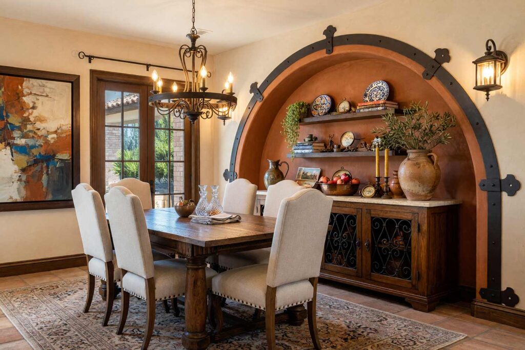 Tuscan Dining Room with Cream Walls Sunbaked and Terra Cotta Arch with Decorative Iron Brackets-6, mediterranean dining room travertine cream walls sunbaked terra cotta arch decorative iron brackets cocoa brown baseboards saltillo tile floors painting creative wall treatments. A sun-drenched Tuscan banquet space in a Scottsdale neighborhood featuring a solid chestnut table, wrought-iron chandelier, saltillo tile floors, and a sunbaked terra cotta arch framed with decorative black iron brackets. Strong sunlight streams through French doors, throwing dramatic bracket shadows across the terracotta alcove and highlighting the shiny cocoa brown trim. painted accent wall with metal, dimensional accent wall, architectural accent wall, painted mural wall with metal accents, unique accent wall ideas, textured painted walls