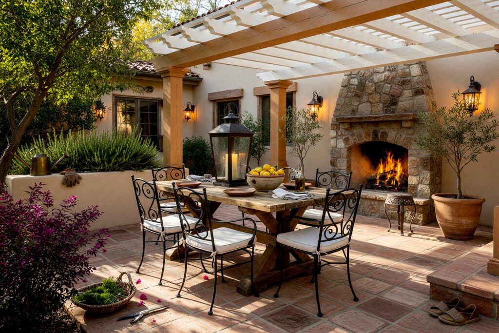 Tuscan Pergola with Alabaster Posts and Soft Sand Beams-6, tuscan villa pergola alabaster posts soft sand beams pergola paint colors. Located in an upscale Scottsdale neighborhood, this tone-on-tone shade structure features semi-gloss alabaster posts and slats paired with soft sand timber beams. Saltillo tiles, a rustic dining table, and fragrant potted olive trees bask under sharp golden-hour shadows, framed by fresh linens and glowing wrought-iron fixtures. pergola paint colors, painted pergola ideas, painting an outdoor pergola, painting backyard ramada, pergola color ideas, pergola color schemes, what color to paint a pergola