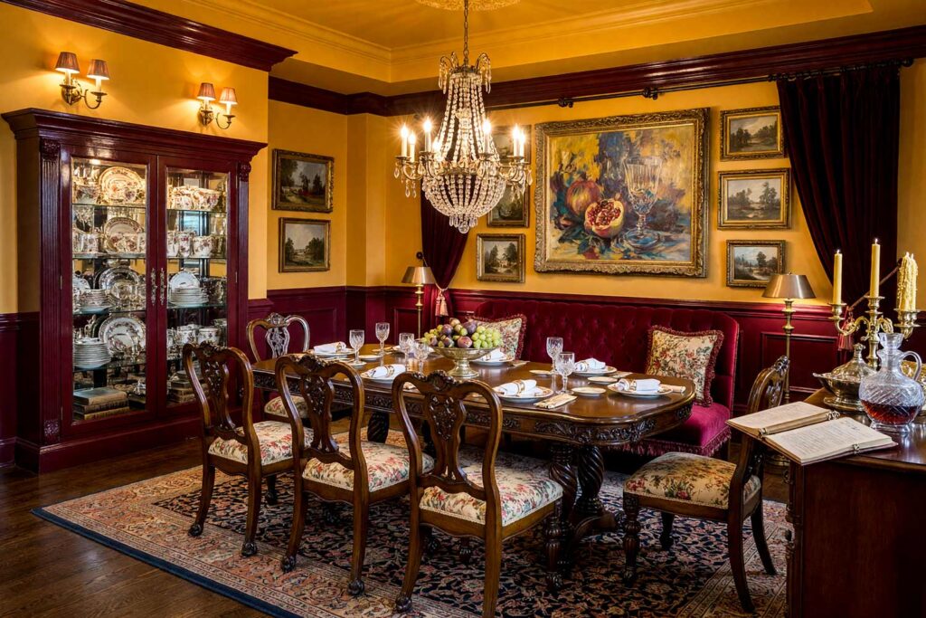 Victorian Dining Room with Golden Ochre Walls and Wine Burgundy Wainscoting-3, victorian grandmillennial dining room golden ochre walls wine burgundy wainscoting high gloss interior paint walnut flooring. An inherited-style Victorian dining salon in a Scottsdale neighborhood pairing glowing golden ochre walls and ceiling with lustrous wine burgundy wainscoting and baseboards. Appointed with a carved mahogany banquet table, tufted velvet bench, needlepoint seating, crystal chandelier, and a gilt-framed gallery wall. Bold, directional lighting creates deep shadows and brilliant specular reflections on the high-gloss surfaces for an opulent dining experience.