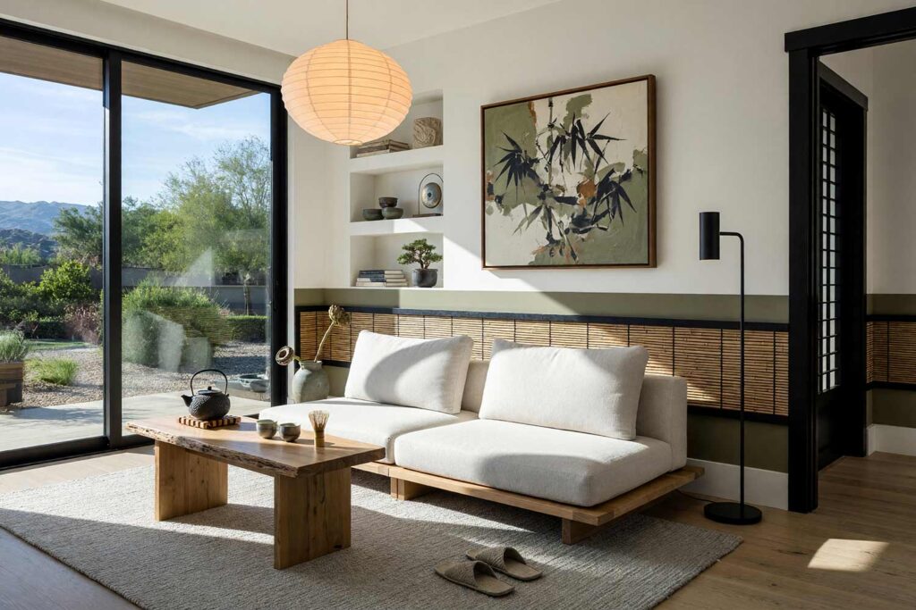 Zen Living Room with White Walls and Moss Khaki Lower Band with Split Bamboo-1, japandi living room rice paper white walls moss khaki lower band split bamboo ribs ink black baseboards white oak floors painting creative wall treatments. A tranquil meditative lounge in a Scottsdale neighborhood featuring low-profile linen platform seating, a raw timber tea bench, bleached oak floors, and a continuous moss khaki lower wall band faced with split bamboo ribs. Late-morning sun pours through panoramic glass, throwing crisp shadow lines across the bamboo lattice and highlighting the shiny ink black trim. painted accent wall with metal, dimensional accent wall, architectural accent wall, painted mural wall with metal accents, unique accent wall ideas, textured painted walls