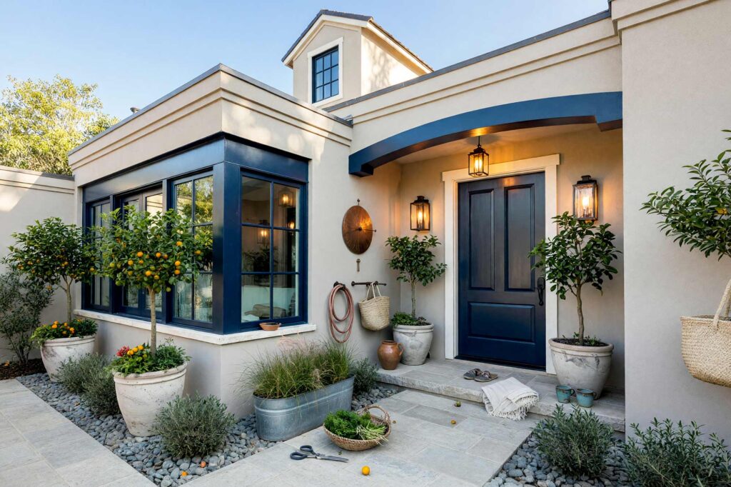 Arcadia Farmhouse Courtyard Entry with Greige Walls and White Trim Navy Accents-7-FEATURE, arcadia farmhouse exterior courtyard paint colors greige stucco soft white trim navy blue door gate. This custom Scottsdale sanctuary balances matte mineral greige stucco with semi-gloss painted navy blue woodwork and soft white accents. Features include an iron entrance lantern, galvanized trough planters, a woven herb trug, and folded linens beneath dramatic late-afternoon golden hour light. exterior courtyard paint colors, painting outdoor courtyard, enclosed courtyard color schemes, front courtyard painting ideas, front courtyard color ideas, courtyard wall paint colors