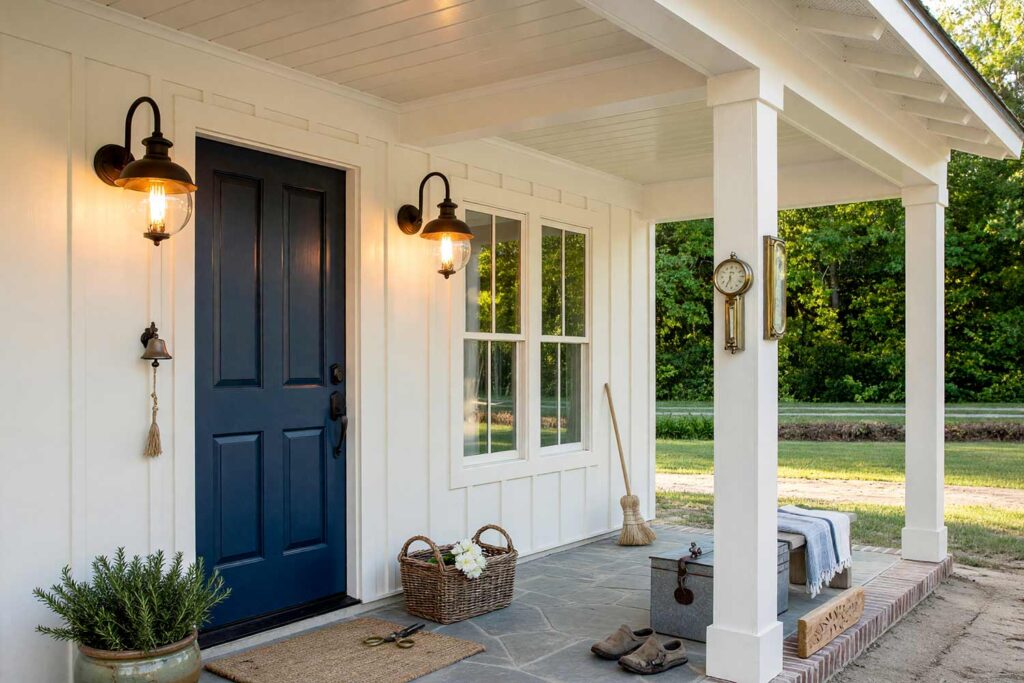 Arcadia Farmhouse Porch Ceiling with Cream Ceiling and White Posts with Navy Front Door-3, arcadia farmhouse porch ceiling ideas buttery cream tongue and groove bone white posts navy door. Located in an upscale Scottsdale neighborhood, this covered porch pairs a semi-gloss buttery cream tongue-and-groove ceiling with matte soft white siding. Matte black lantern sconces, potted rosemary crocks, and a navy door create welcoming farmhouse appeal. Moody late-afternoon golden hour sunlight sculpts deep shadows across the woodwork. porch ceiling ideas, painted porch ceiling ideas, haint blue porch ceiling, front porch ceiling paint colors, covered patio ceiling paint, blue porch ceiling, haint blue paint colors