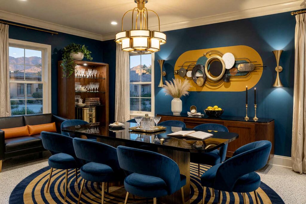 Art Deco Dining Room with Petrol Blue Walls and Dijon Oval with Wall Sculpture-5, glamorous art deco supper club dining room petrol blue walls dijon racetrack oval warm cream ceiling ivory trim black terrazzo flooring painting for wall sculptures. A luxurious speakeasy-style dining space in a Scottsdale neighborhood featuring a black lacquer table, petrol velvet chairs, a fluted sideboard, and brass accents. The mustard Dijon painted racetrack oval frames an intricate 3D gold and teal metal disc sculpture against petrol blue walls. Low evening light highlights shiny ivory woodwork and terrazzo flooring with high-contrast drama. paint treatments for metal wall hangings, painted wall graphics for metal art, wall paint design behind metal sculpture, creative paint ideas for wall sculptures, painting an accent wall behind wall art, painted backdrop for wall sculpture