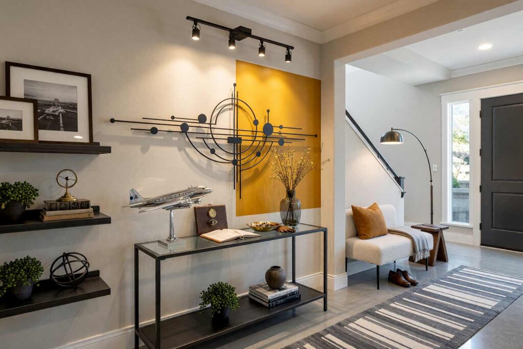 Aviation Entry with Taupe Walls and Saffron Accent and Wall Sculpture-7, modern aviation entryway pale taupe walls saffron accent panel soft white ceiling bone white trim polished concrete flooring painting for wall sculptures. An inviting entrance hall in a Scottsdale neighborhood featuring an industrial glass console, bouclé bench, desktop aircraft models, and leather accents. The offset saffron painted rectangle grounds the graphic black wire sculpture against pale taupe walls and polished concrete floors. Intense, high-contrast daylight and glowing spotlights create an unforgettable first impression. painting for wall sculptures, metal wall art paint ideas, paint backdrop for metal wall hanging, extending wall art with paint, painting behind wall sculptures, paint ideas for metal wall art, wall color for metal wall sculptures, accent wall paint for metal art